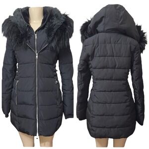 Guess Los Angeles Womens‎ Black Quilted Puffer Jacket Faux Fur Hood Size S